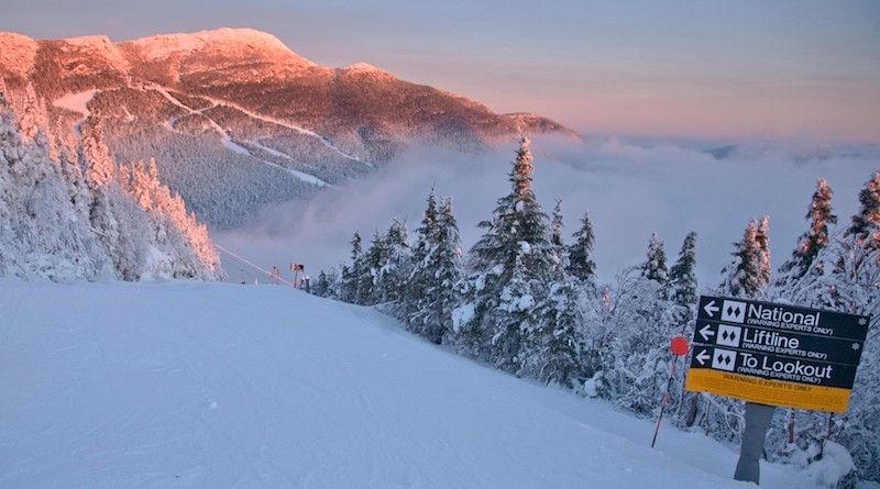 stowe sunrise over mount mansfield in winter